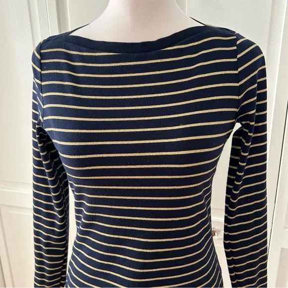 Lauren Ralph Lauren Navy and Gold Striped Long Sleeve Top PM - Picture 3 of 14